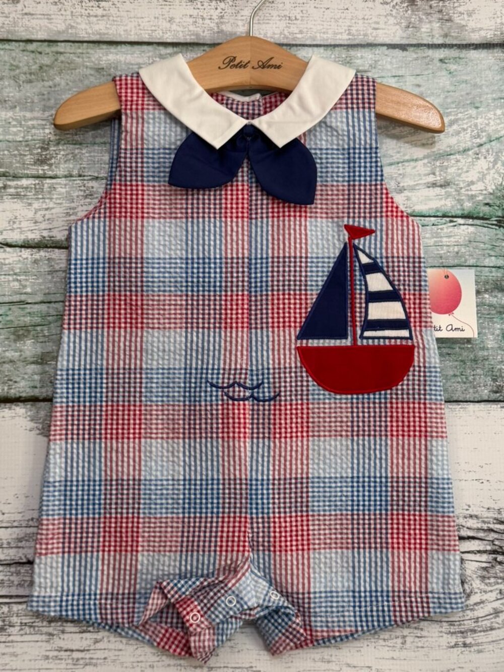 Petit Ami Red White Navy Plaid Seersucker Sailboat Sunsuit Romper 9 Months